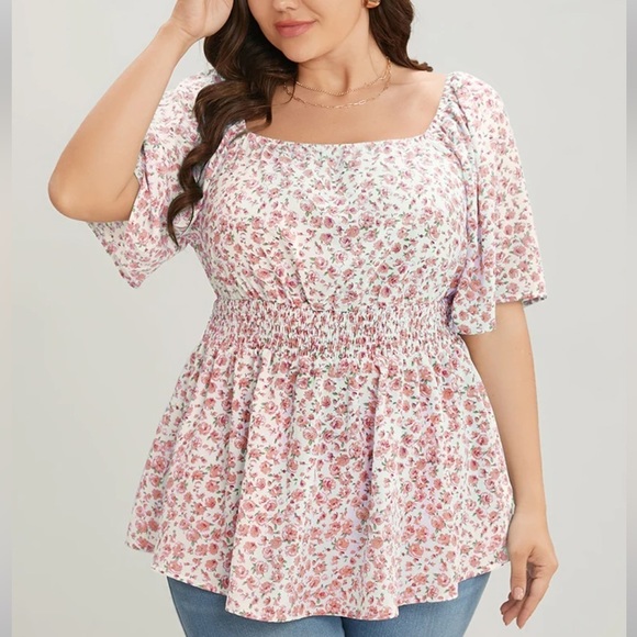 BloomChic Tops - New!ditsy Floral Ruffle Sleeve Shirred Square Neck Top Size 26 or 4X